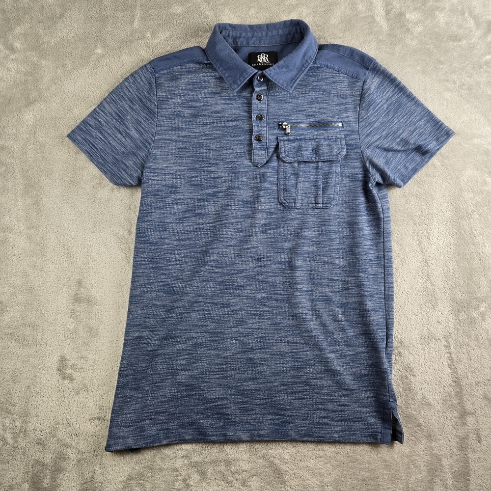 Rock & Republic Polo Shirt Mens Small Blue Heathered Pockets Short Sleeve Casual